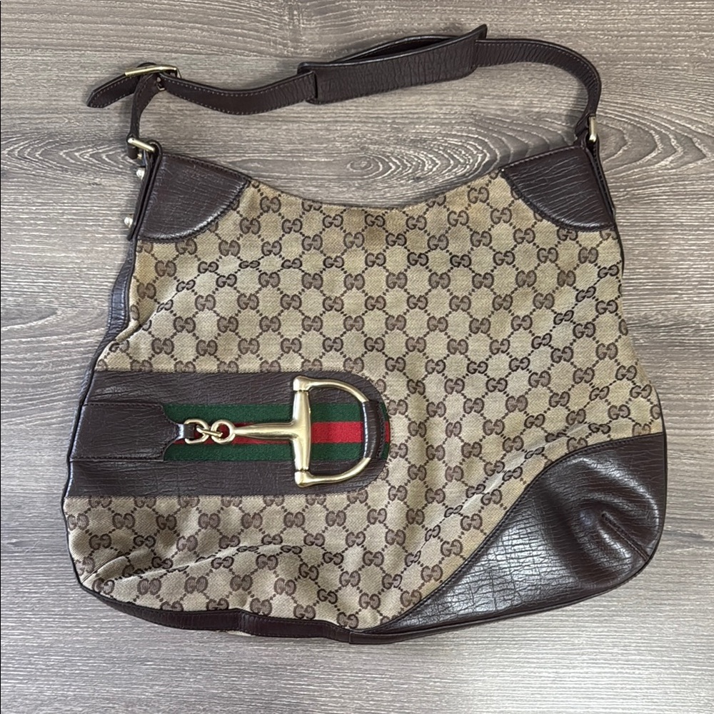 Gucci Monogram Hobo Bag with Leather Trim vintage 137386-001364